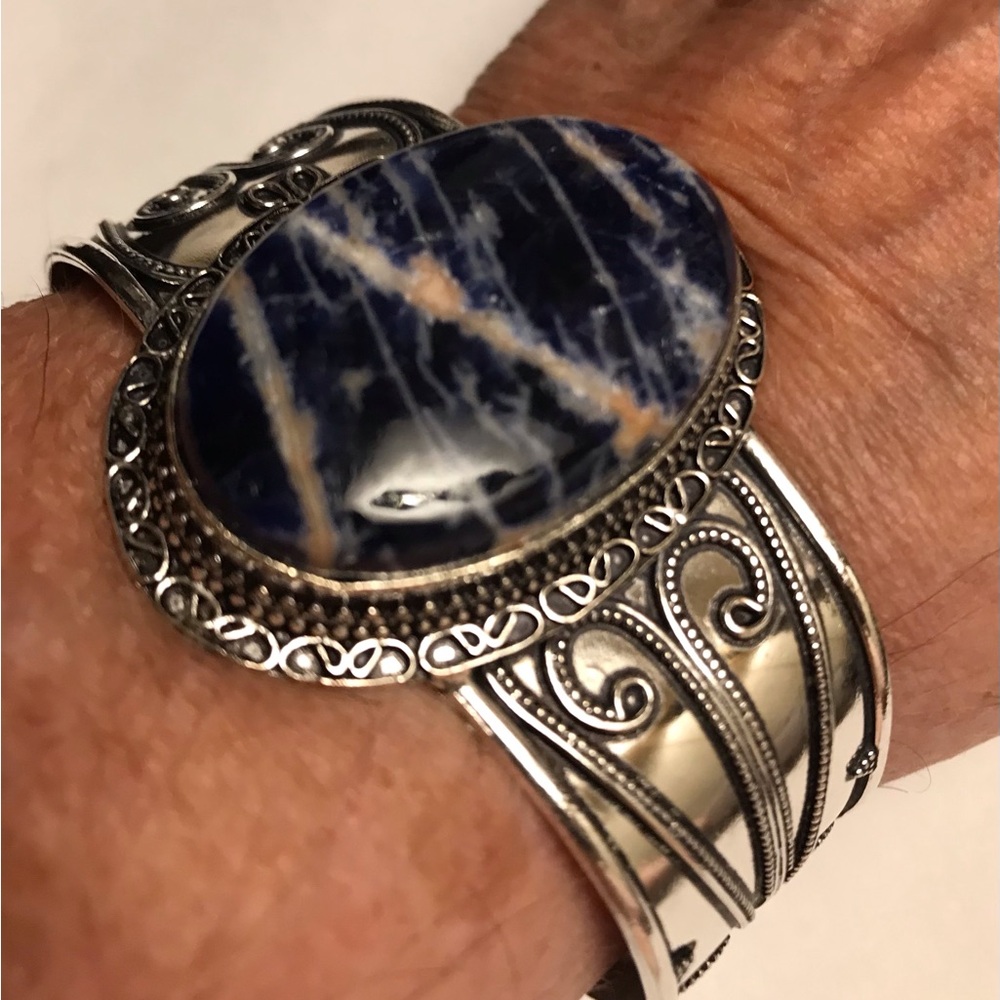 Sodalite Stamped 925 Sterling Silver Cuff Bracelet